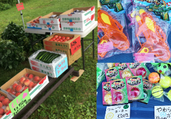 ソフト玩具や新鮮野菜を販売中